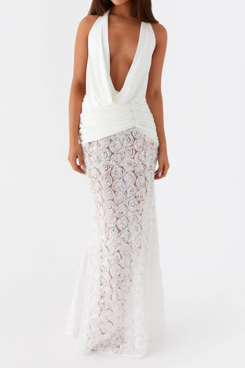 sexy slight stretch halter neck deep v neck backless flower decor maxi dress