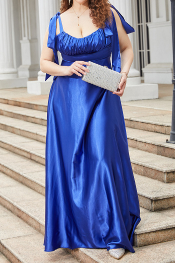 elegant plus size non-stretch solid color satin sling pleated maxi dress