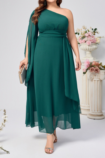 elegant plus size non-stretch solid color chiffon one shoulder maxi dress