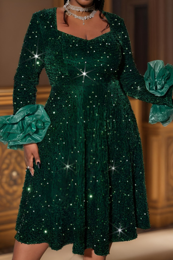 stylish plus size slight stretch sequin decor square-neck midi dress