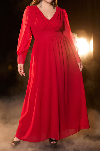 elegant plus size non-stretch solid color chiffon v-neck long sleeve maxi dress