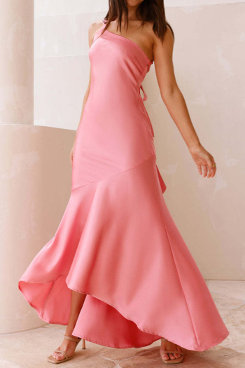 new no-stretch patchwork solid color lace-up slanted shoulders maxi dress