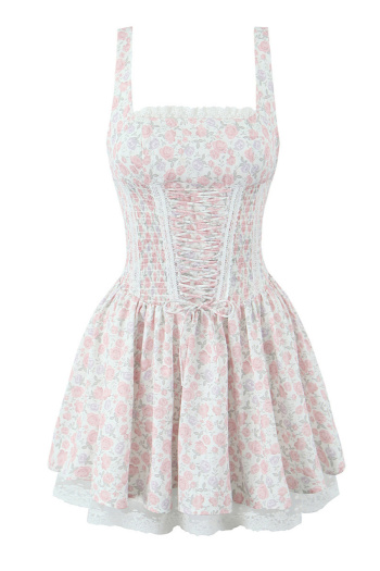 casual slight stretch straps drawstring lace floral mini dress(with lined)