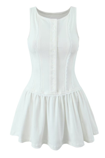 casual stretch solid crew neck single-breasted lace decor pleated mini dress