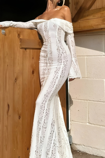 sexy slight stretch solid color see-through lace one-shoulder slim maxi dress