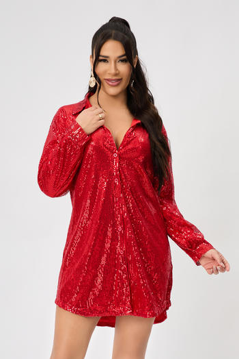 stylish plus size slight stretch sequin decor single-breasted mini dress