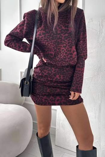 stylish plus-size no-stretch patchwork leopard printing long sleeve mini dress