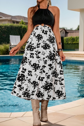 stylish non-stretch floral printing halter-neck lace-up hollow midi dress