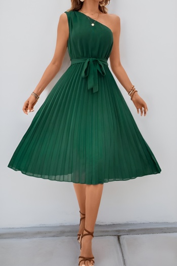 stylish non-stretch pure color one shoulder pleated with belt midi dress