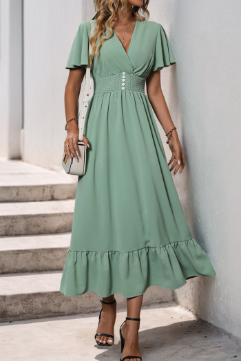 stylish non-stretch pure color v-neck smocked short sleeve midi dress