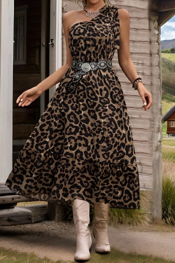 stylish non-stretch leopard printing one shoulder lace-up midi dress(no belt)