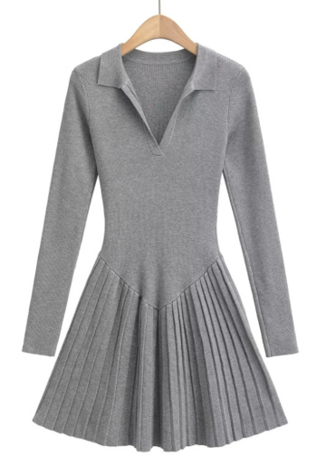 casual slight stretch lapel v-neck solid color mini dress(size run small)