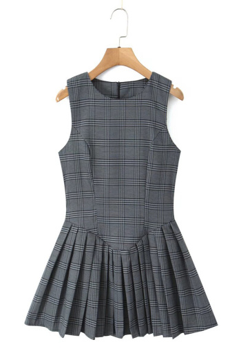 casual non-stretch plaid print sleeveless pleated mini dress