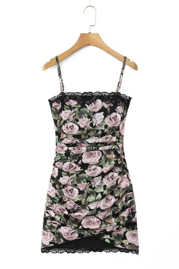 casual non-stretch flower batch printing lace trim mini dress(size run small)