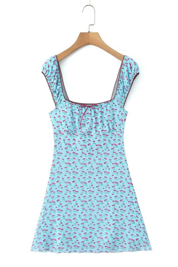 casual slight stretch cherry batch printing mini dress(size run small)