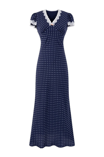 casual non-stretch dot batch printing lace trim midi dress(size run small)