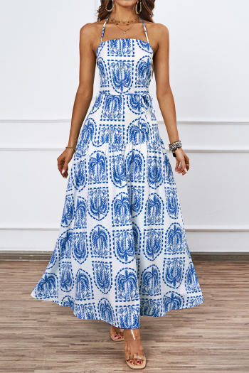 Stylish slight stretch patchwork plants printing with liner lace-up maxi dress (with belt)