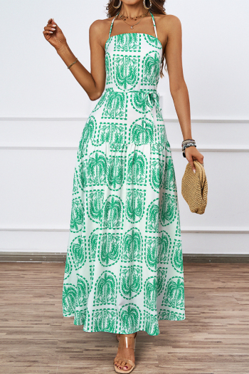 Stylish slight stretch patchwork plants printing with liner lace-up maxi dress (with belt)