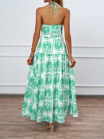 Stylish slight stretch patchwork plants printing with liner lace-up maxi dress (with belt)