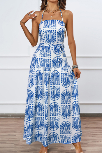 Stylish slight stretch patchwork plants printing with liner lace-up maxi dress (with belt)