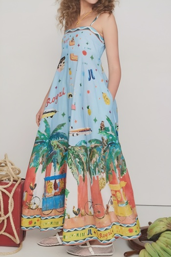 stylish slight stretch patchwork contrast fixed printing suspender maxi dress