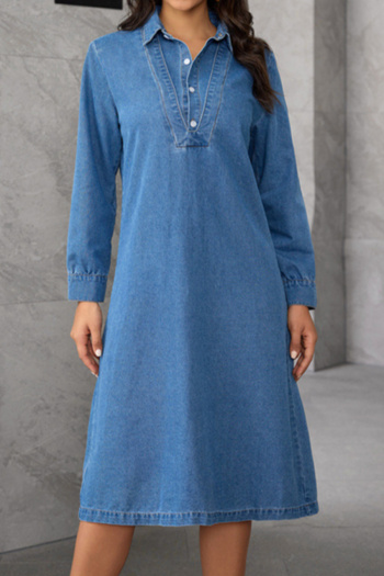 xs-xl casual non-stretch denim turndown collar long sleeve midi dress