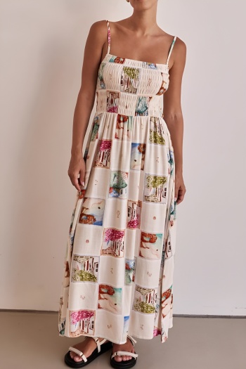 new no-stretch patchwork multi-pattern printing suspender maxi dress