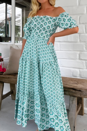 new casual no-stretch patchwork geometric printing one shoulder maxi dress