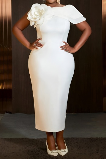 stylish plus size slight stretch pure color 3d flower ruffle midi dress