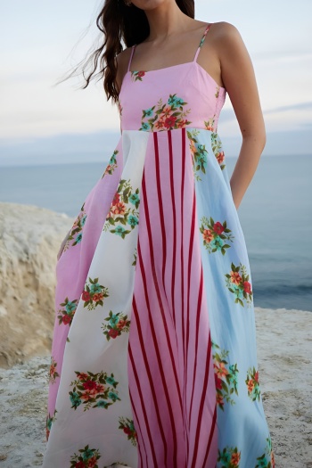 stylish no-stretch contrast patchwork pockets suspender maxi floral dress