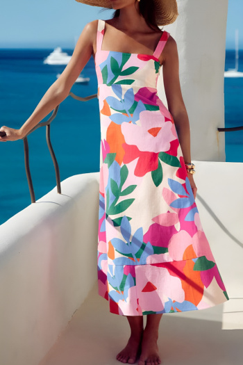 new no-stretch patchwork flowers batch printing suspender midi dress