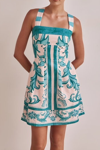 new no-stretch patchwork contrast fixed printing suspender mini dress