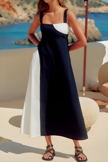new stylish no-stretch contrast patchwork suspender midi dress