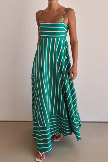 new stylish no-stretch patchwork stripes printing suspender maxi dress