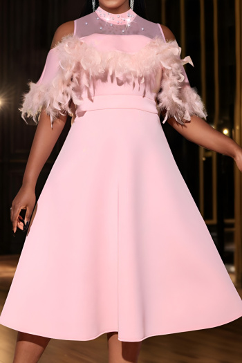 stylish plus size slight stretch mesh stitching pearl feather decor midi dress