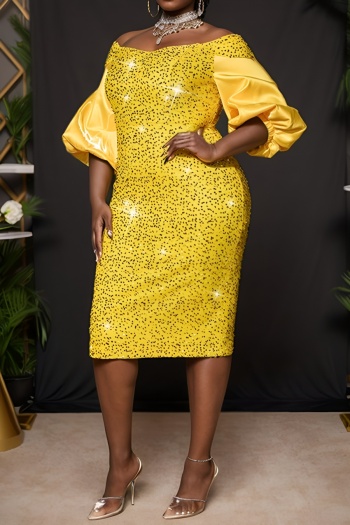 stylish plus size slight stretch sequin off shoulder puff sleeve midi dress