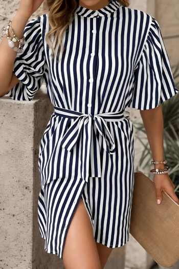 stylish non-stretch striped single-breasted with belt mini shirtdress