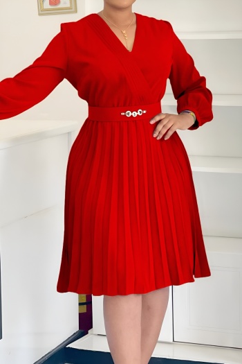 stylish plus size slight stretch 3 colors v-neck with belt pleated midi dress