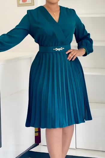 stylish plus size slight stretch pure color v-neck with belt pleated midi dress