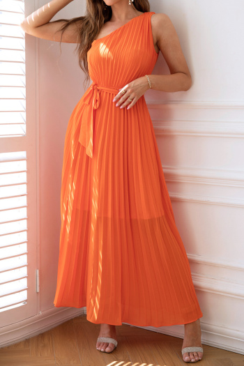 elegant non-stretch solid color chiffon pleated belt one-shoulder maxi dress