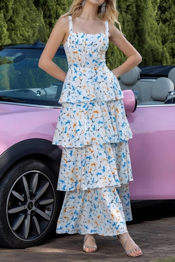 xs-l stylish slight stretch floral print backless adjustable straps maxi dress