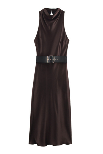 casual non-stretch crew neck satin with belt maxi dress