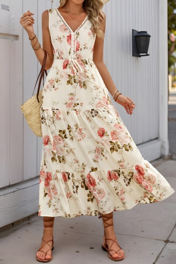 stylish slight stretch floral printing v-neck sleeveless midi dress