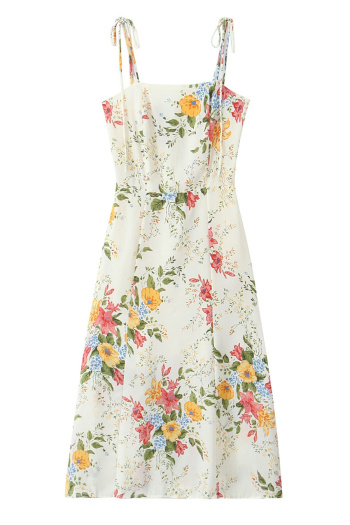 casual non-stretch flower leaf batch printing lace-up sling midi dress