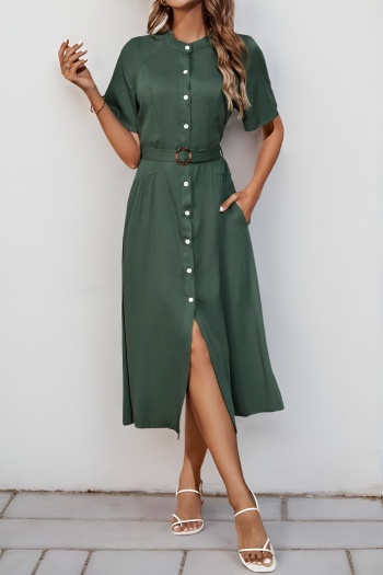casual non-stretch pure color single-breasted with belt midi shirtdress