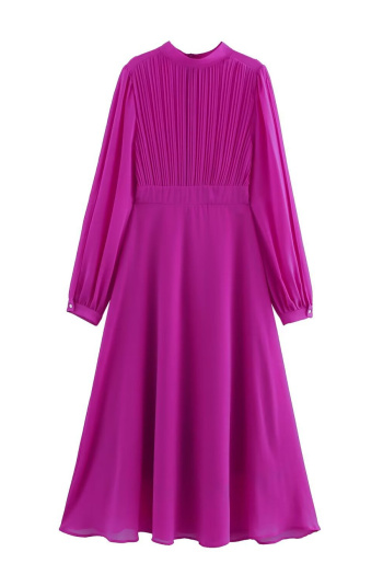 casual non-stretch chiffon solid color crew neck pleated midi dress