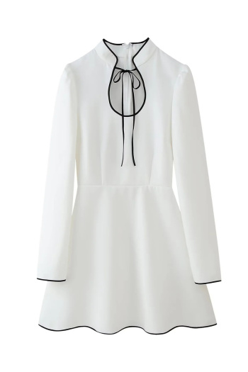 Stylish no-stretch patchwork collar long sleeve mini dress
