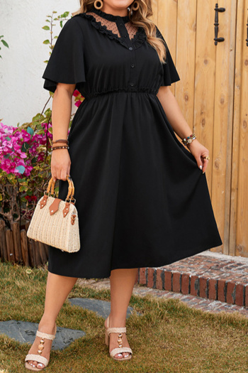 Casual plus size non-stretch patchwork short sleeve midi dress