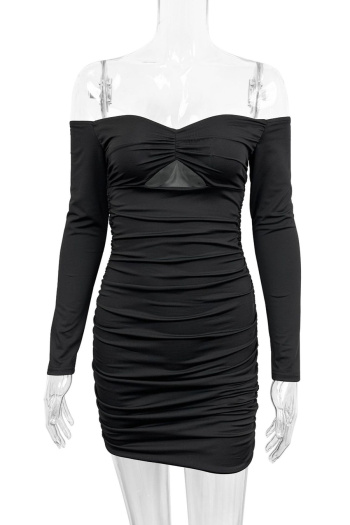 Sexy slight stretch solid color one shoulder tight hollow pleated mini dress