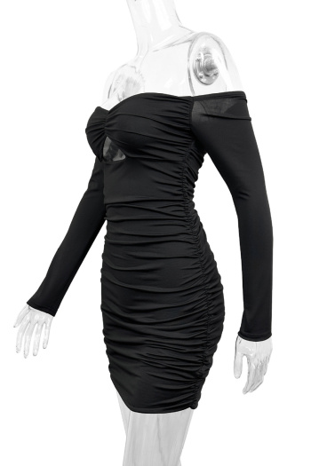 Sexy slight stretch solid color one shoulder tight hollow pleated mini dress